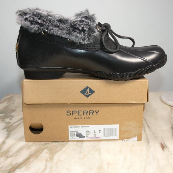 Sperry Faux Fur Saltwater 1-Eye Rain Boot, Black/Black, Duckboot Shoe 8 - Picture 4 of 10